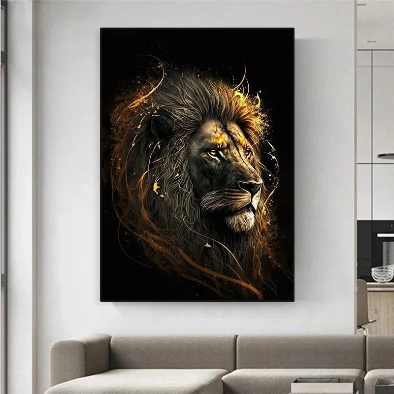 Quadro decorativo Black and Golden Light Lion Frame