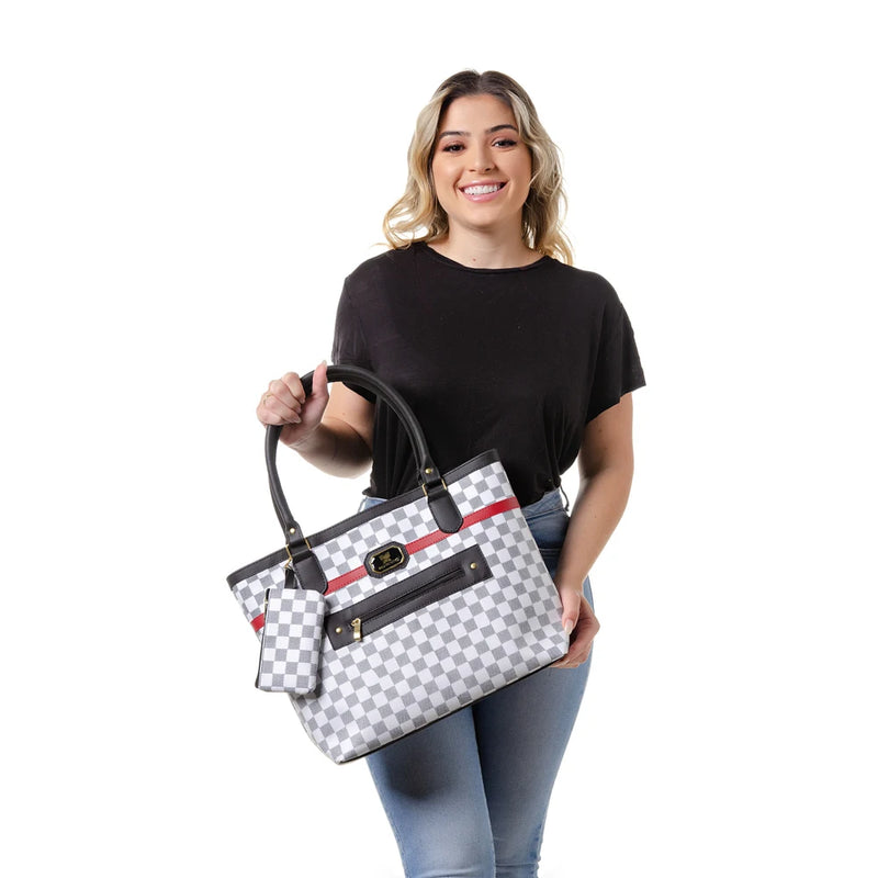 Bolsa Grande Feminina Com Porta Moedas e Divisória Luxo Xadrez